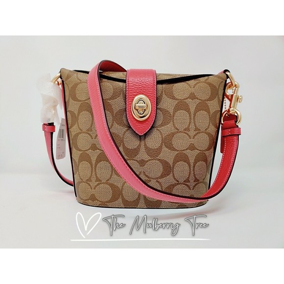Coach Handbags - NWT Coach c2817 Addie Crossbody In Signature Canvas Khaki Fuschia Org $328